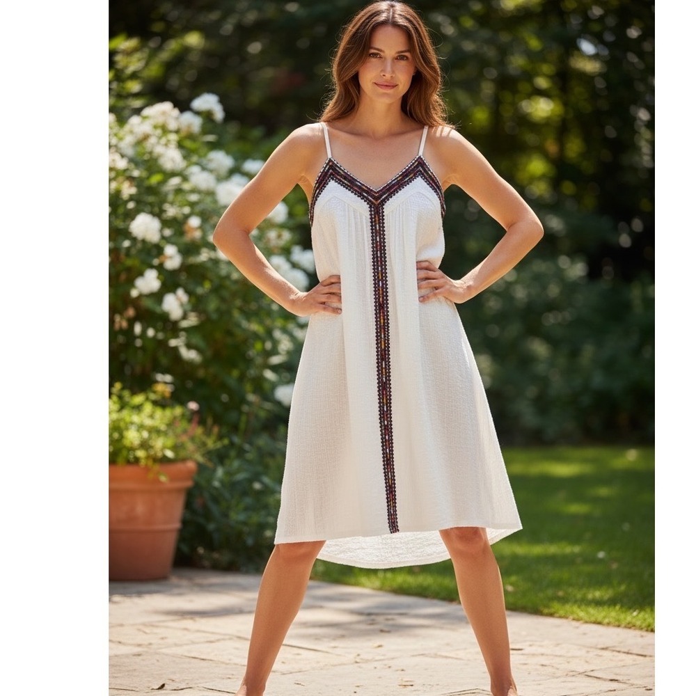 Sanctuary White Cotton Gauze Embroidered Trapeze Sundress Peasant Festival Boho‎
